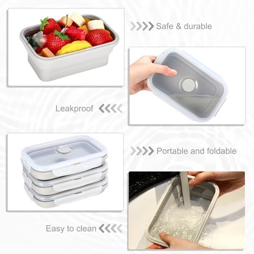 Hushee 24 Pcs Silicone Collapsible Food Storage Containers 17 oz Collapsible Snack Containers with Lid Vent Airtight Meal Prep Bento Lunch Box, Microwave Dishwasher Safe(Gray) - Image 3