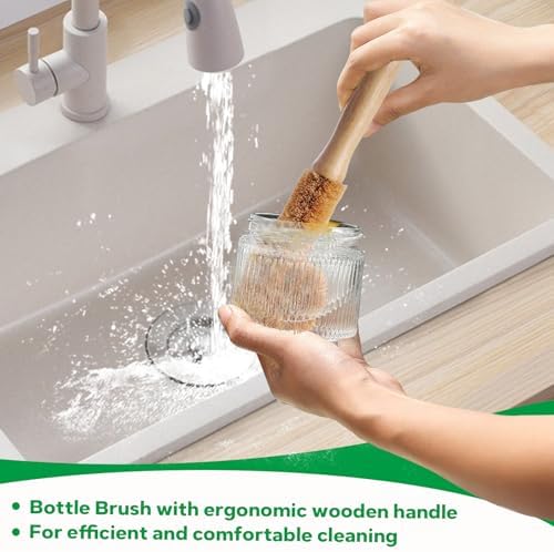 Bamboo Dish Brush Set - 5 Packs Natural Wooden Kitchen Brush, 4 Dish Scrubbers with One Replacement Head, Cleaning for Pots, Bottles and Vegetables - Image 3