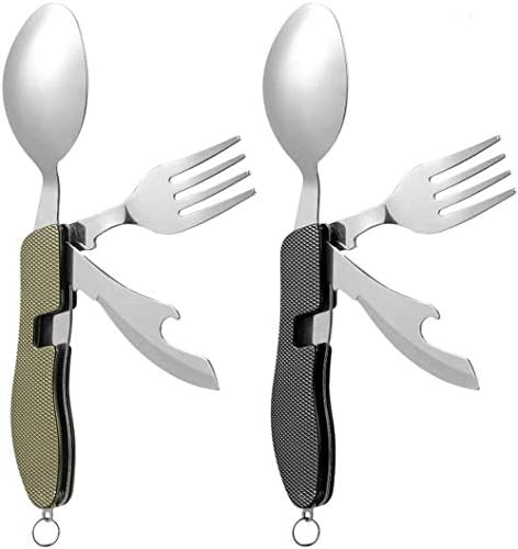2Pcs Detachable Camping Utensils Cutlery Set, Caudblor Portable 4 in 1 Stainless Steel Travel Utensil, Foldable Knife Fork Spoon Bottle Opener, Multi Function Eating Flatware Tableware(Green Black) by Caudblor