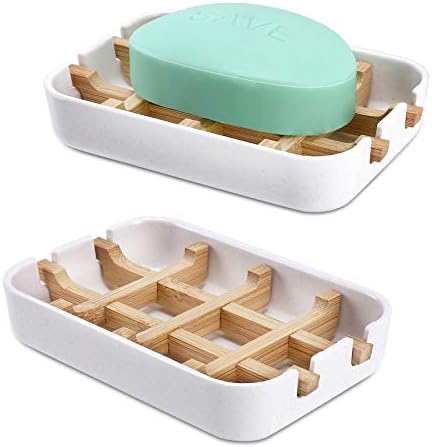 Bamboo Wooden Soap Dishes for Bathroom Bar Soap Holder Shower Soap Holder Sink Deck Bathtub Shower Tray (Two Pieces White) by Fufengz