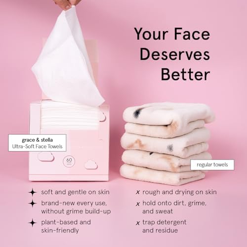 grace & stella Face Towels Disposable - Travel Essentials (60 Count) (Pack of 4) Ultra-Soft & Absorbent Face Wipes Towelettes, Facial Towels for Cleansing & Makeup Removal - Face Cleansing Foaming Net - Image 3