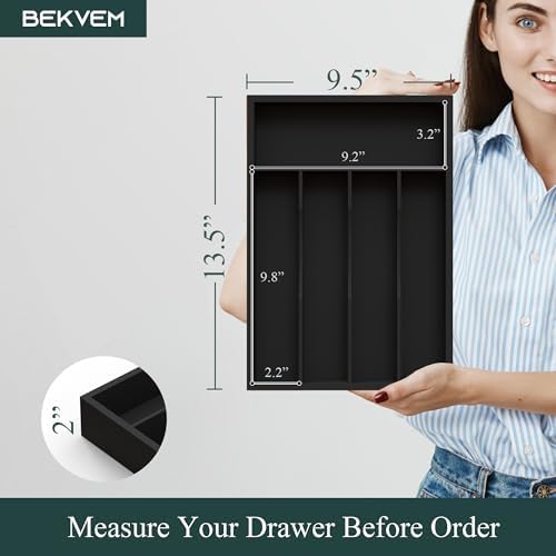 Bamboo Kitchen Sliverware Drawer Organizer (Black, 9.5''W x 13.5''D) - Image 2