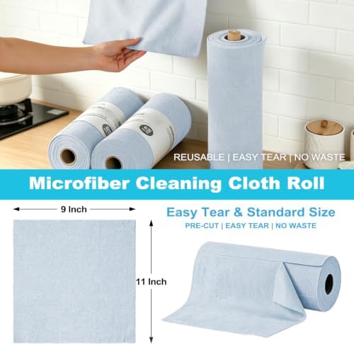 Puomue 55 Pack Microfiber Cleaning Cloth Roll, Tear Away Reusable Towels, 11" x 9", Ultra Absorbent & Lint Free Microfiber Cloth for Cleaning Cars, Kitchen, Window, and Shop (Light Blue, 9"x11"-55PK) - Image 2