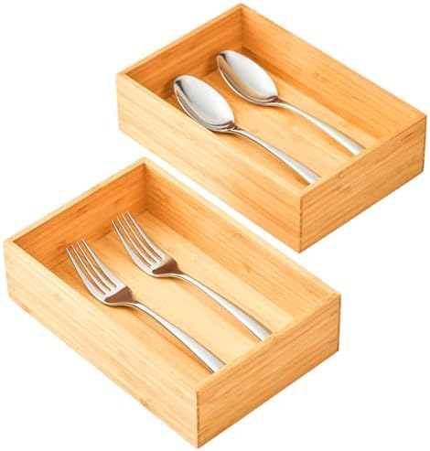 Umilife Bamboo Kitchen Drawer Organizer, Extra High Silverware Tray, Flatware Cutlery Storage Box, Multi-Use Holder in Office, Bathroom, Pantry - 9"x6"x2.5" (Set of 2) by Umilife