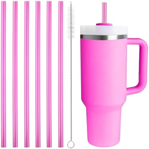 Replacement Straw Compatible with 40 oz Stanley Quencher Tumbler, 12 Inch Extra Long Reusable Plastic Straws for 40 Oz Cup, Dark Pink-6 Pack by Bubrike