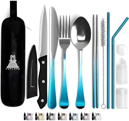 Travel Utensils With Case, 10 Pcs portable silverware set (Teal Two Tone) by Taplord