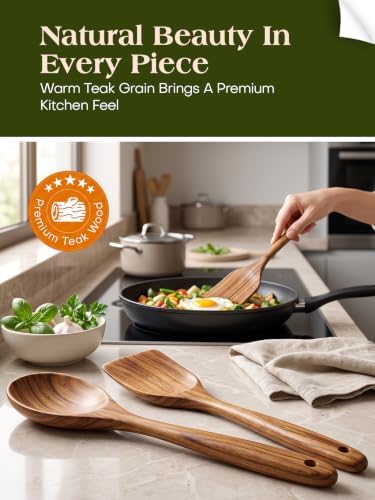 AIUHI 10 Pcs Wooden Spoons for Cooking, Teak Wooden Utensil Set for Nonstick Cookware, Wooden Kitchen Utensils Set with Whisk and Spaghetti Server - Image 2