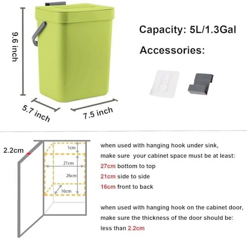 LALASTAR Small Plastic Trash Can, Hanging Small Trash Can with Lid Under Sink for Kitchen, Food Waste Bin for Countertop, Mountable Garbage Can for Bathroom, RV, 5L/1.3 Gal, Green - Image 6