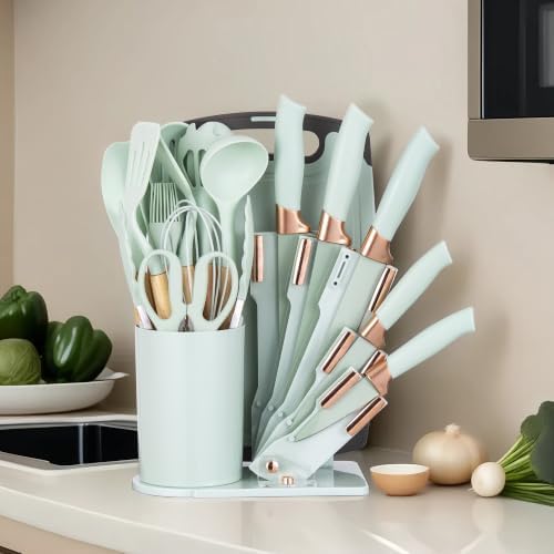 19-Piece Kitchen Utensil and Knife Set, Black (Light Green) - Image 3