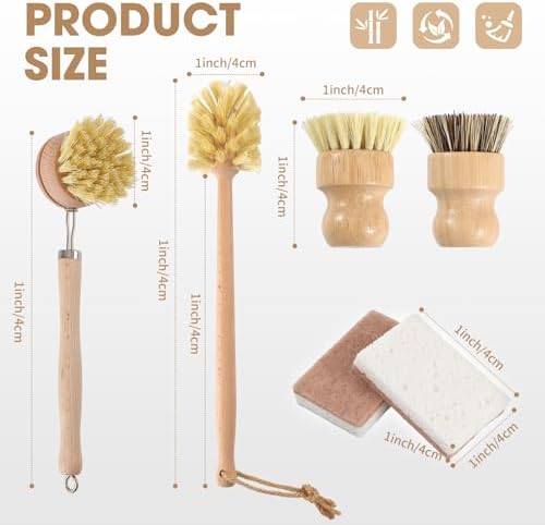 6 Pack Bamboo Dish Brush & Sponge Set, Wooden Handle Kitchen Scrub Brushes with Natural Sisal & Palm Fiber Heads, Multi-Purpose Dishwashing Cleaner for Dishes, Pots, Bottles, Vegetables - Image 2