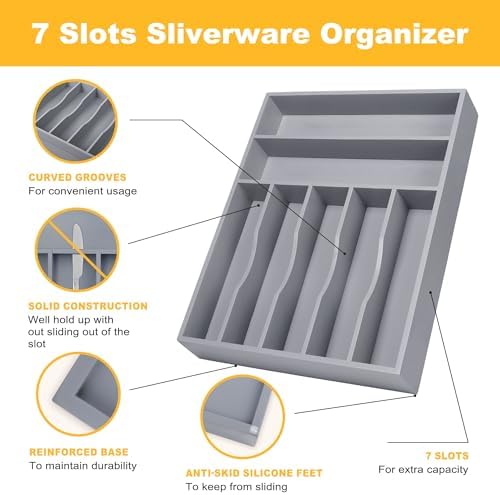 Kitchen Bamboo Silverware Organizer, Kitchen Drawer Organizer - Utensil Holder and Cutlery Tray with Grooved Drawer Dividers for Flatware 7 Slot, Grey - Image 5