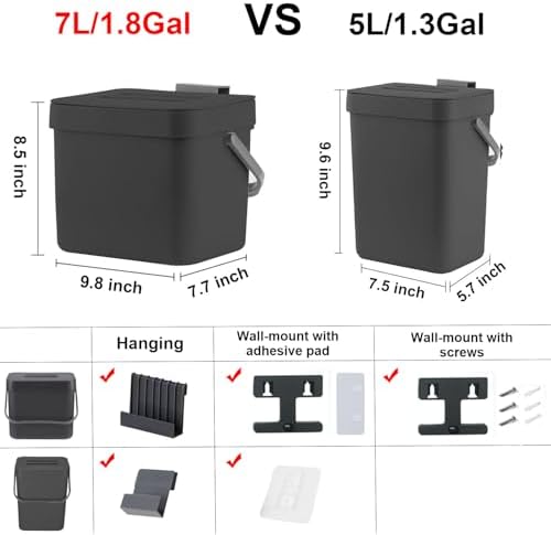 Kitchen Trash Can with Lid, LALASTAR Wall-Mounted Under Sink Small Garbage Can for Kitchen, Bathroom, Compost Bin Countertop, Cabinet Trash Can Hanging, 1.8 Gallon, (Black, 7L) - Image 6