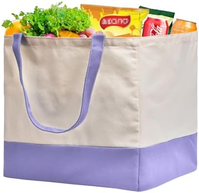 Reusable Grocery Bags Heavy Duty, 8.3 gal Foldable Large Canvas Tote Bag with Handles, Holds 60 lbs Canvas Shopping Bags, 1 Pack（Off White+Light purple） by CNaiyunpin