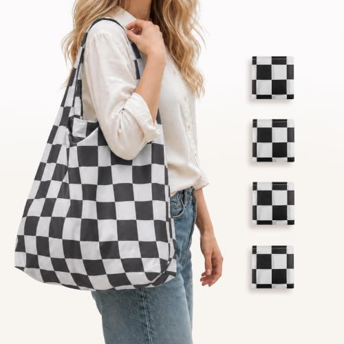 Checkered Reusable Grocery Shopping Bags 4 Packs, Cute Checkerboard Foldable Kitchen Large Nano Tote Bags by Ralxion