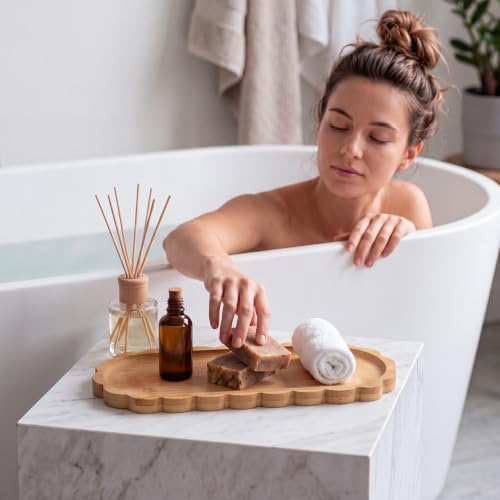 Scalloped Bamboo Soap Dispenser Tray Bathroom Rustic Decor Bamboo Countertop Tray Scalloped Soap Dish Jewelry Holder Vanity Bathtub Organizer for Bathroom Kitchen Home Decor (9'',Oval) - Image 5