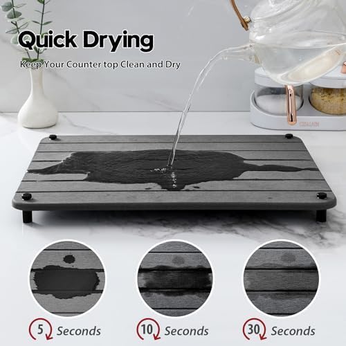 Razborci Stone Dish Drying Mat for Kitchen Counter, Water Absorbing Bathroom Tray Sink Organizer, Diatomaceous Earth Countertop Dish Rack Riser Sponge Holder Soap Dish, Dark Gray, 16" x 12" - Image 2