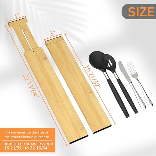 BAMEOS Bamboo Expandable Drawer Dividers – Fits 16.65"–22" Drawers, 3" Deep Walls, Set of 4 | Taller Spring-Loaded Separator Keeps Items Upright in Kitchen & Dresser Drawers - Image 2
