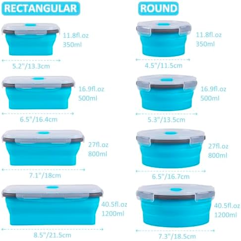 8 Pack Collapsible Food Storage Containers with Lids, Silicone Collapsible Food Containers, Collapsible Storage Containers Sets for Snack Camping RV, Microwave Freezer Dishwasher Safe, Blue - Image 5