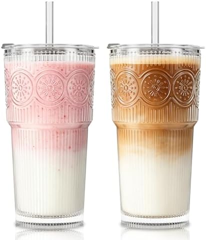 SoulTimes 20oz Ribbed & Floral Glass Tumbler with Lid and Straw – Iced Coffee Glasses Cups for Smoothie, Matcha, Juice, Water etc. Leakproof and Reusable Glassware Drinking for Travel To Go [2Pcs] by SoulTimes