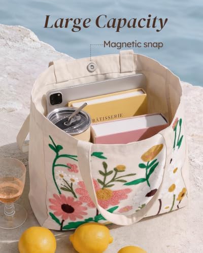 Floral Embroidery Canvas Tote Bag with Magnetic Closure for Daily - Image 5