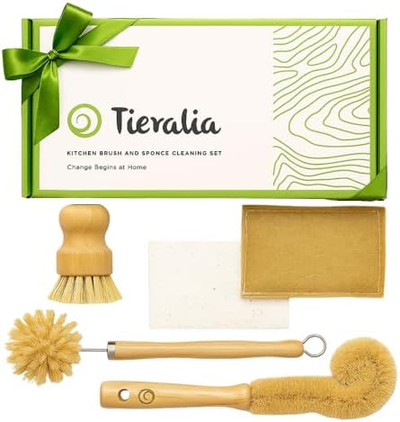 Tieralia Bamboo Dish Brush Gift Set – 5-Piece Kitchen Cleaning Set with Bottle Brush, Round Scrub Brush, Palm Brush & 2 Plant-Based Sponges | Wooden Handle Cleaning Tools for Dishes & Surfaces by Tieralia