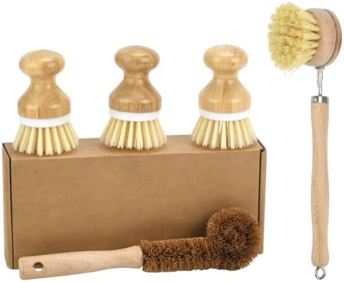 5 Pack Bamboo Dish Brush Set, Natural Kitchen Scrubber & Bottle Brush, Wooden Dish Brush for Cleaning Dishes, Pots, Pans, Bottles, Vegetables, Sinks, Woks by BSDLZCH