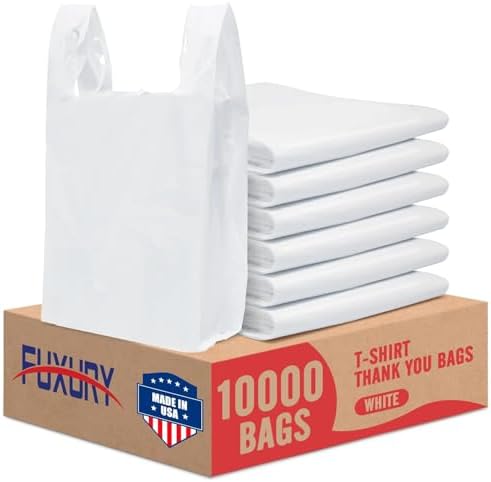 Fuxury 10000 (10K) Count Plastic T-shirt Bags Plain White 11.5" x 6.5" x 21", Grocery, Trash, Take Out, To Go, Restaurants, Retail Shopping Bags in Bulk for Small Business by Fuxury