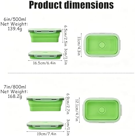 2 Pcs Collapsible Silicone Bowls with Lids, 500ml & 800ml Rectangular Foldable Food Storage Containers, Reusable Meal Prep Bowls, Microwave Freezer Safe, Ideal RV Camping Travel Accessories,Green - Image 2