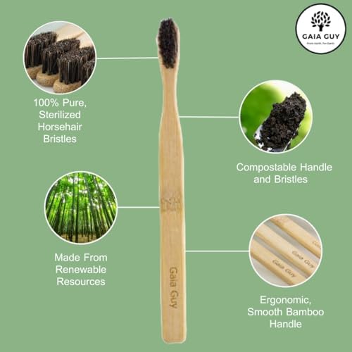 Gaia Guy Soft Natural Bristle Bamboo Toothbrush (NO Nylon - Horsehair ONLY) - Totally Compostable & Biodegradable Soft Horse Hair Bristle and Bamboo Toothbrushes - Zero Waste - 6-Pack - Image 4