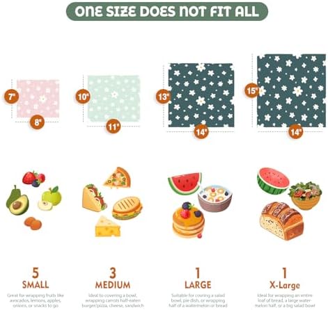 Akeeko Reusable Beeswax Food Wraps - Assorted 9 Packs, Reusable, Plastic-Free Food Storage, 5 Small, 2 Medium, 1 Large, 1 Extra Large Wraps with Boho Flowers Pattern - Image 2