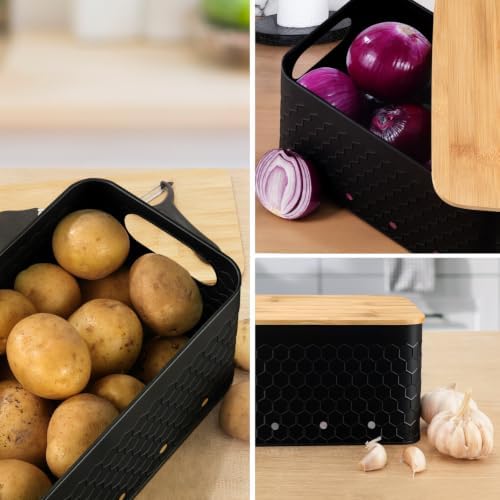 Kitchen Vegetable Storage Set of 3, Metal Onion Garlic Potato Storage Set, Kitchen Canisters Vegetable Keeper Containers with Aerating Holes and Bamboo Lid,Embossed Black - Image 6