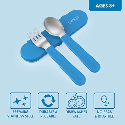 Bentgo Kids Stainless Steel Utensil Set - Reusable Fork, Spoon & Storage Case, PFAS- & BPA-Free, Easy-Grip Handles, Lightweight, Dishwasher Safe, School Lunch, Travel & Outdoors (Blue) - Image 3