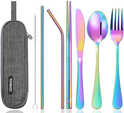 Portable Stainless Steel Flatware Set, Travel Camping Cutlery Set, Portable Utensil Travel Silverware Dinnerware Set with a Waterproof Case (Rainbow) by Topbooc