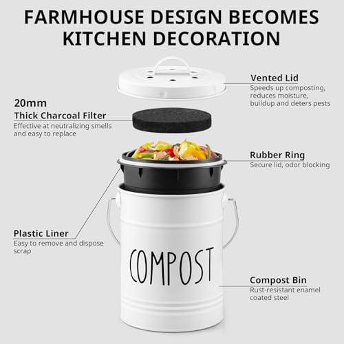 Kitchen Compost Bin, 1 Gallon Countertop Compost Bin with Lid, Indoor Compost Bucket, Includes Inner Bucket Liner and Carbon Filters, White - Image 4