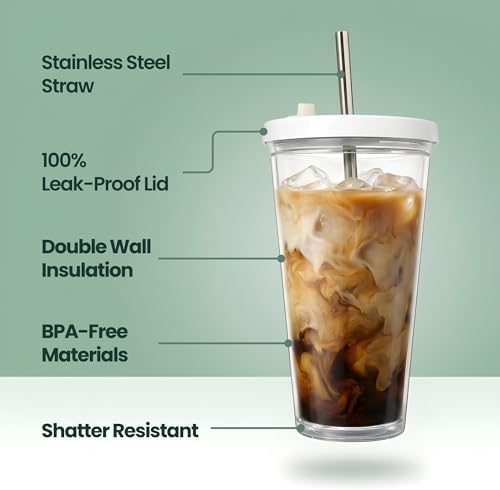 Reusable Iced Coffee Cup with Lid and Straw, 16 oz/Grande, BPA-Free Double-Wall Insulated Plastic Tumbler for Cold Drinks, Includes Clear Plastic Straw, Stainless Steel Straw and Cleaning Brush, White - Image 3