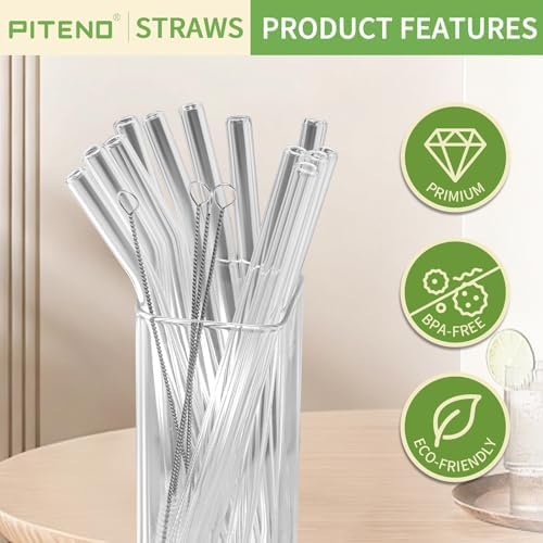 Piteno® 12Pcs Glass Straws with 4Pcs Brushes, Reusable Clear Glass Drinking Straws, 8.5''x10MM, Set of 6 Straight and 6 Bent with 4 Cleaning Brushes, Perfect for Smoothies, Milkshakes, Juice, Tea - Image 4