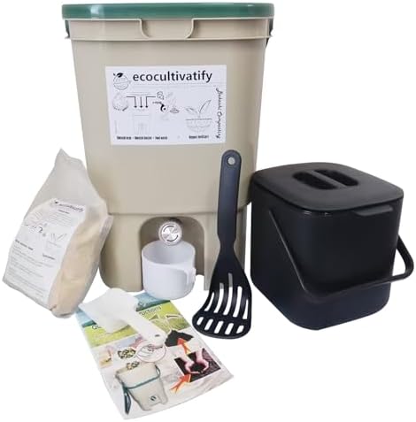 20L Bokashi Compost Bin, 5.28 Gallon Compost Bin for Kitchen Composter with Lid, Bokashi Start Kit with Bran (Tan & Dark Green) (20L/5.28GAL Tan & Dark Green) by Unknown