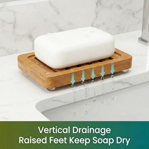 Bamboo Soap Dish with Drainage, 2 Pack Slotted Self Draining Bar Soap Holder, Acacia Finish for Shower, Bathroom Sink & Kitchen Countertop - Image 5