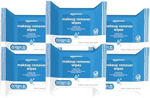 Amazon Basics Makeup Remover Wipes, Formulated without Fragrance and Alcohol-Free, Gentle Cleansing, Removes Waterproof Mascara, Dermatologist Tested, 25 Count, Pack of 6 by AmazonBasics