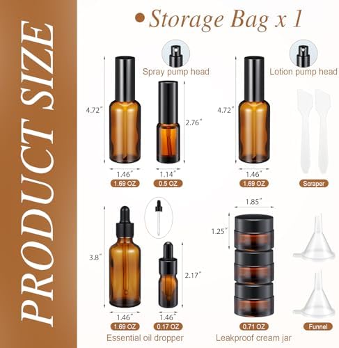 Jingmore 13 Pcs Glass Skincare Travel Containers Mini Makeup Containers Travel Size Toiletries Bottles with Pump Spray and PU Leather Toiletry Bag for Liquid Serum Cream Moisturizers Oils(Brown) - Image 2