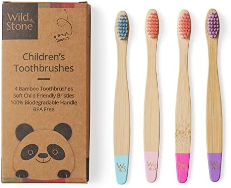 Wild & Stone Organic Children's Bamboo Toothbrush | 4 Pack Candy Colour | Soft Fibre Bristles | 100% Biodegradable Handle | BPA Free | Vegan Eco Friendly Kids Toothbrushes by Wild+%26+Stone