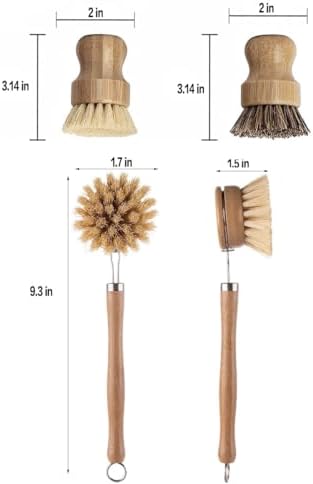 Wooden Dish Brush Set Clean Pots Bamboo Dish Brush - 1 Long Handle Dish Brush and 2 Palm Scrubbing Brush Scrub Brush for Pots, Pans & Dishes,Plastic Free Washing Up, Zero Waste Cleaning (3 Pack) - Image 2
