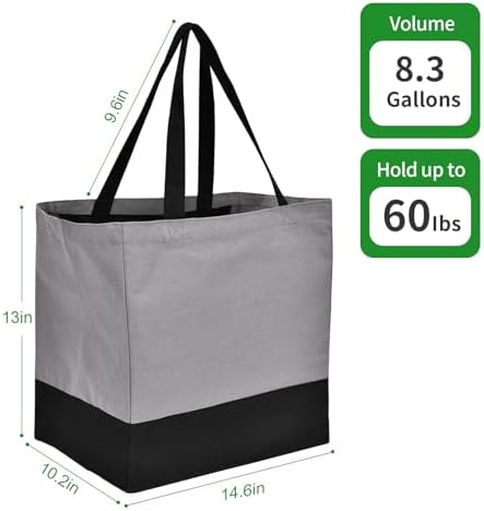 3 Pack Canvas Reusable Grocery Bags Heavy Duty, 8.3 gal Foldable Large Tote Bag with Handles, Holds 60 lbs Canvas Shopping Bags & Washable Eco-friendly Bags with 5 Pockets, Grey+Black - Image 5
