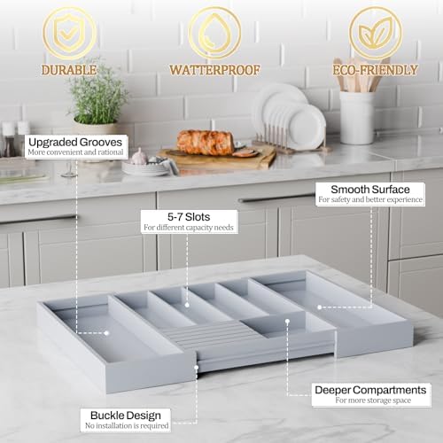 Bamboo Kitchen Silverware Drawer Organizer - Expandable Wood Utensil Holder with Dividers, Luxury Cutlery Storage Tray for Kitchen Utensil and Flatware (5-7 Slots with Removable Knife Block, Grey) - Image 5