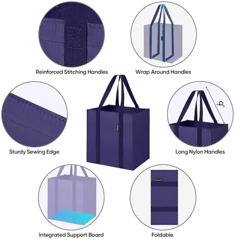 BALEINE 4 PK Grocery Bags Reusable Shopping Bags with Reinforced Bottom, Heavy Duty Foldable Tote Bags (Navy Blue) - Image 3