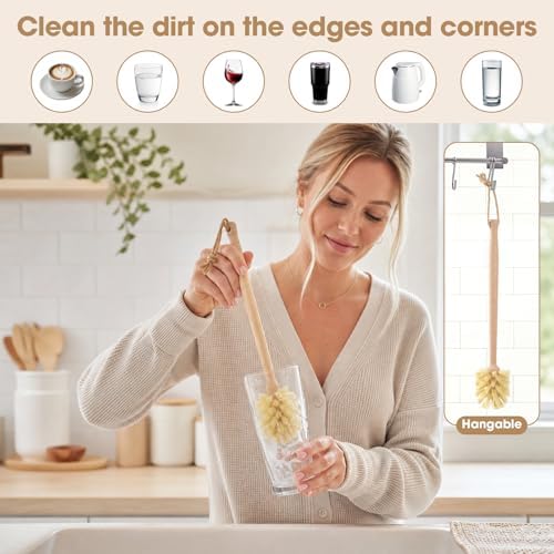 6 Pack Bamboo Dish Brush & Sponge Set, Wooden Handle Kitchen Scrub Brushes with Natural Sisal & Palm Fiber Heads, Multi-Purpose Dishwashing Cleaner for Dishes, Pots, Bottles, Vegetables - Image 4