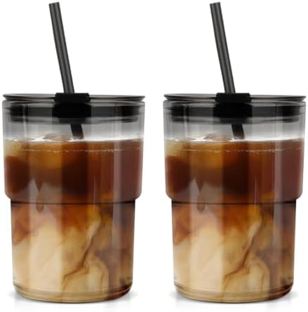 Luxfuel 13 oz Glass Cups with Lids and Straws Reusable Iced Coffee Tumbler by Luxfuel