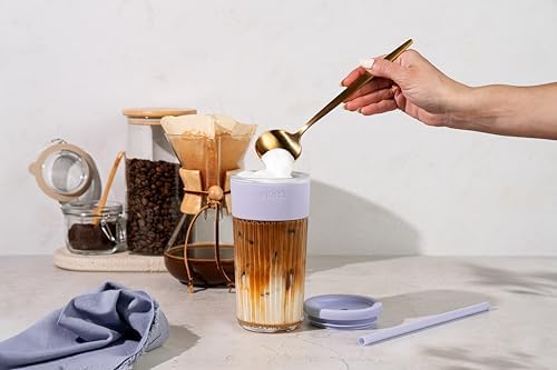 Ello Ava 18oz Glass Tumbler with Straw and Lid for Iced Coffee, Sugarplum - Image 2