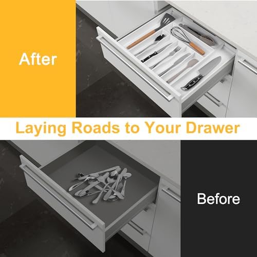 Large Premium Bamboo Silverware Organizer - Expandable Drawer Organizer & Utensil Organizer - 17"x19.7" Cutlery Tray with Dividers for Kitchen Utensils and Flatware (7-9 Slots) (White) - Image 4