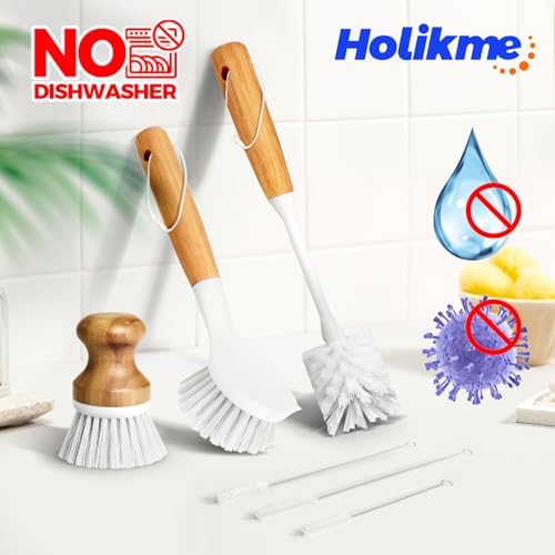 Holikme 6 Pack Dish Brush with Bottle Brush Scrub Brush Straw,White - Image 5